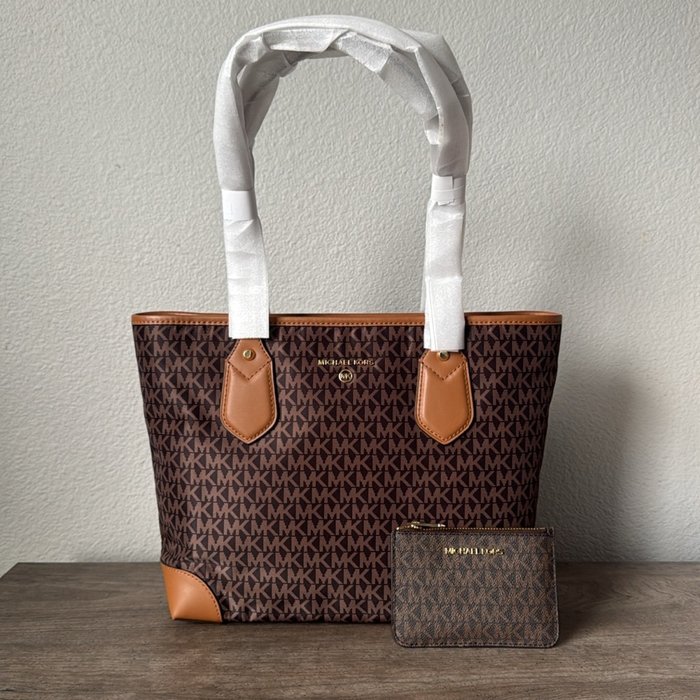 Michael Kors signature MK logo Eva top zip tote + card/coin purse